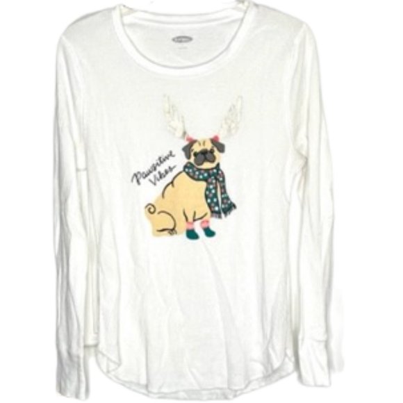 Old Navy "Pawsitive Vibes" Winter Pug Thermal Knit Graphic Top - Last one! - L - Picture 2 of 6